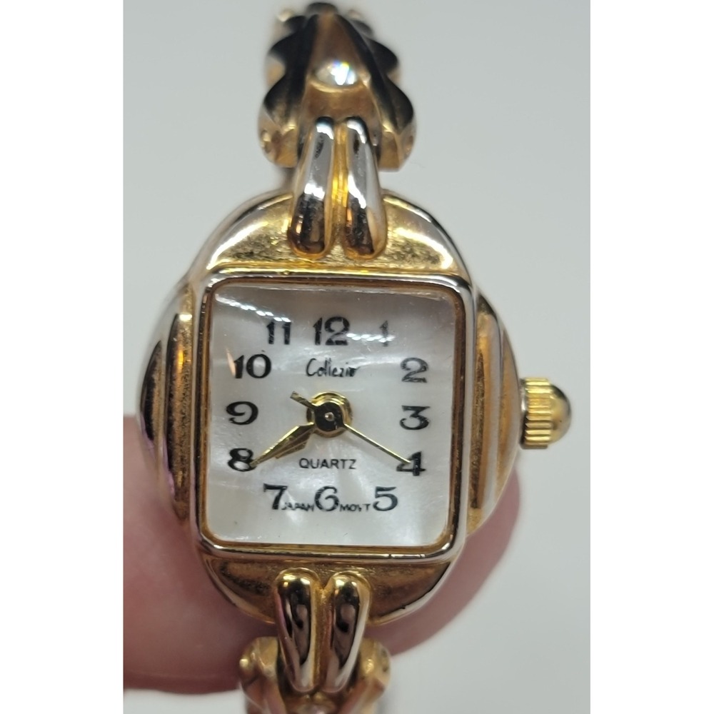 Womens Collezio Pearl Face Watch Rhinestone Two Tone Panther Link Watch